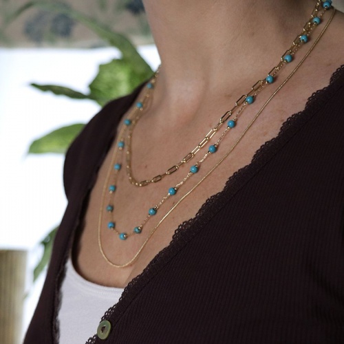 Triple Layer Golden Mixed Chain & Turquiose Bead Necklace by Peace of Mind